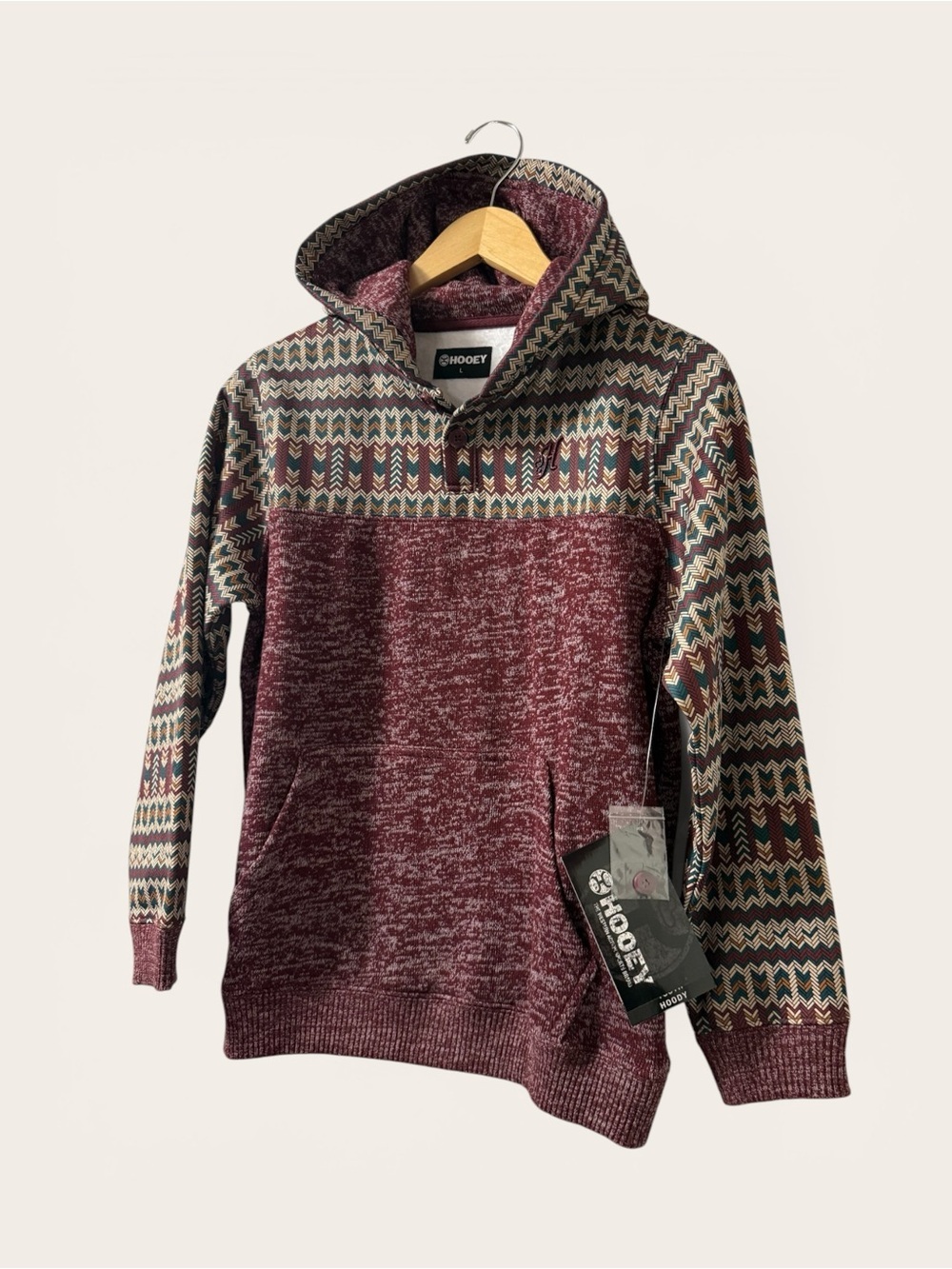 HOOEY Men's Maroon Jimmy Aztec Patterned Pullover Hoodie 0166 - Picture 2 of 12